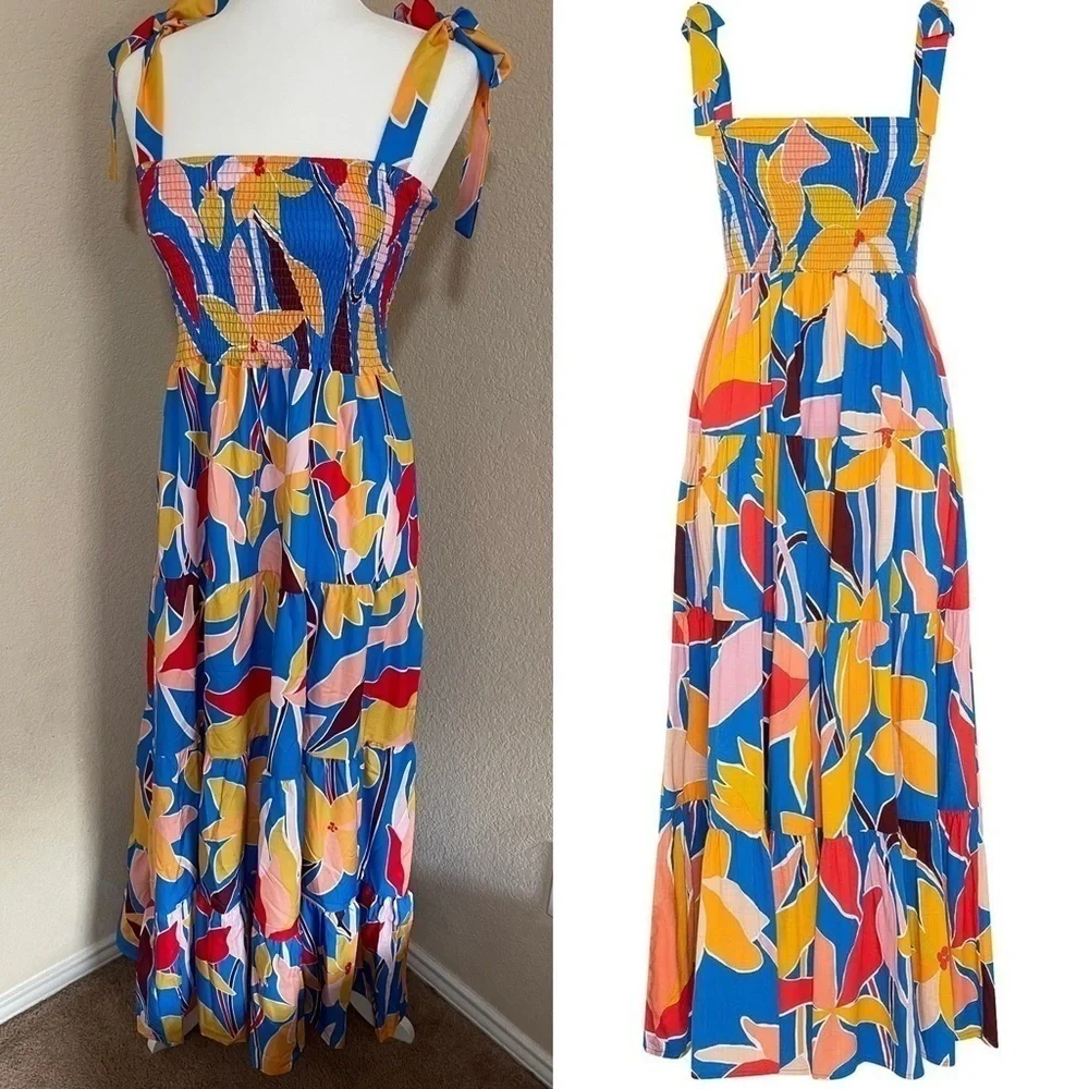 Floral Ruffle Maxi Dress With Tie Straps - Picture 3 of 11